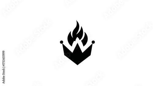 Abstract crown with flames icon on white background, black fire symbol, royal power and passion emblem, minimalist design