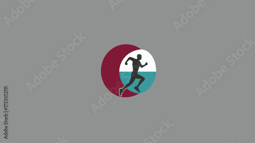 Dynamic runner silhouette icon in a modern circular emblem with contrasting burgundy and teal colors, representing fitness and movement.