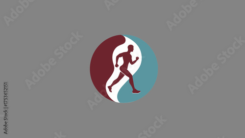Dynamic running person icon in a balanced circular design, symbolizing health, fitness, movement, and wellness. Modern graphic logo concept.