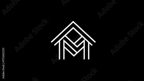 Modern minimalist geometric line art house logo with abstract letters on black. Clean design icon for property, real estate, or branding identity.