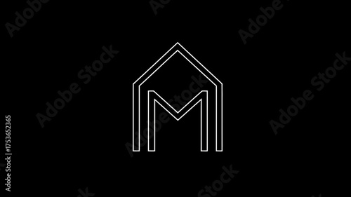 Minimalist abstract line art logo with an upward arrow or house silhouette enclosing the letter M on a stark black background