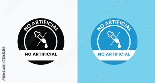 No artificial Flavors, color, preservatives, sweeteners icons set, label, logo, badge, sticker, emblem, stamp, symbol, circle, black, flat vector, isolated illustration.