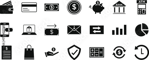 Solid black finance and banking icon set in EPS format, including wallet, card, cash, piggy bank, bank, ATM, chart, and payment symbols for web and mobile app design.