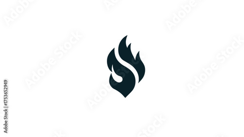 Minimalist stylized dark flame icon on white background, abstract fire symbol for energy, passion, heat, or power concept design.