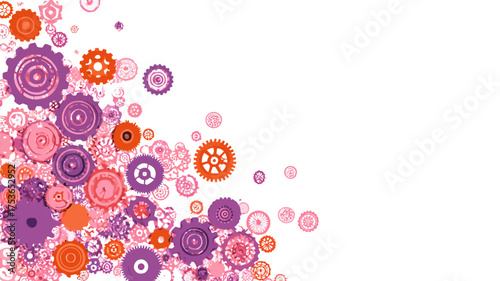 Vibrant abstract background with an array of purple, pink, and orange gears and cogs clustered in a corner, offering clean white copy space.
