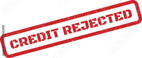 Red rectangular stamp with distressed texture showing bold text CREDIT REJECTED for financial services documentation