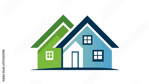 Abstract vector graphic of two modern stylized houses, green and blue, overlapping, ideal for real estate, property, and housing concepts.