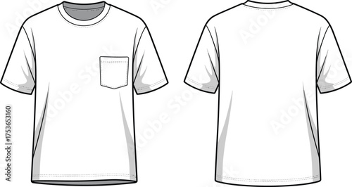 Basic crew neck t-shirt front and back view, short sleeve with chest pocket, flat cad vector fashion sketch illustration