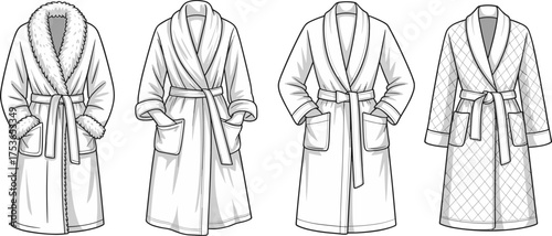 Bathrobe CAD Drawing, Cozy Robe Design Template, Flat Fashion Sketch, Belted Robe Technical Vector, Winterwear Illustration, Unisex Garment