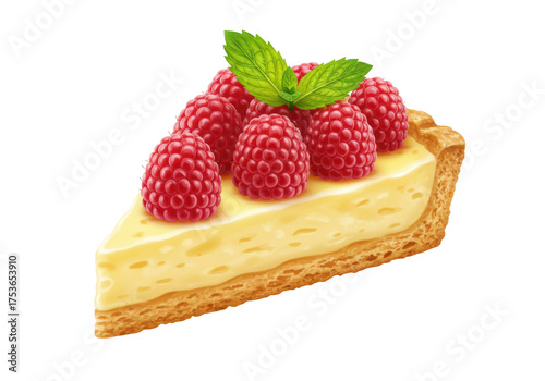 Isolated slice of delicious raspberry tart with custard filling and flaky crust, ready to eat
