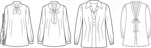 Blouse Fashion CAD Drawing, Flat Vector Shirt Design, Long Sleeve Top Sketch, Elegant Garment Template, Women’s Clothing Illustration