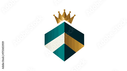 Abstract luxury crown and geometric arrow design. Premium quality emblem, elegant business icon, success symbol with gold and teal colors.