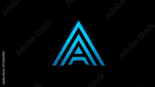 Futuristic blue neon letter A in a modern geometric triangle shape on a dark background, digital technology concept design.