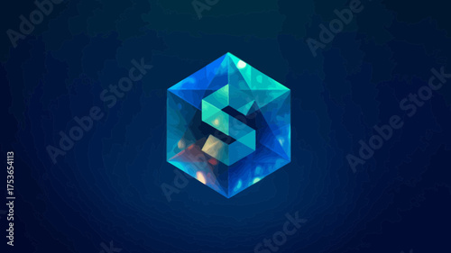 Abstract blue and teal faceted geometric crystal or gemstone with subtle 'S' shape, futuristic digital art on dark background, luxury tech concept