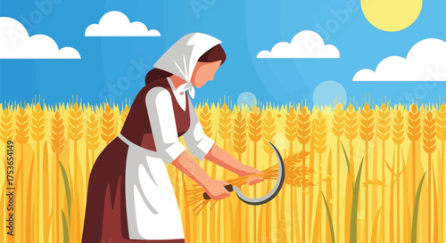 Vector art of woman harvesting wheat with a sickle in a golden field