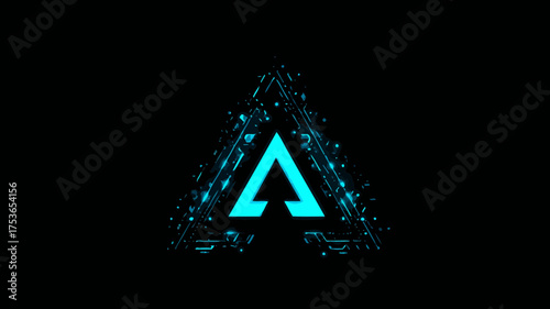 Futuristic glowing blue 'A' letter within a digital circuit triangular frame on a black background, representing modern technology and data.