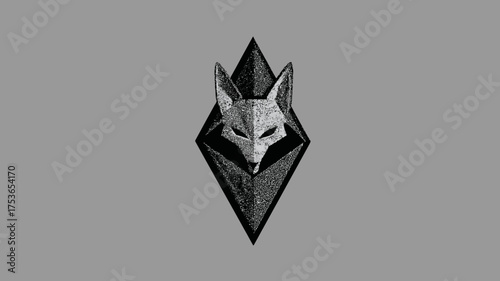 Stylized monochrome fox head illustration within a dark geometric diamond shape, minimalist animal art with a wild, mysterious feel.