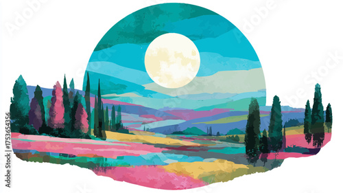 Vibrant stylized landscape illustration with colorful rolling hills, tall trees, and a full moon in a serene twilight sky. Picturesque natural scenery.