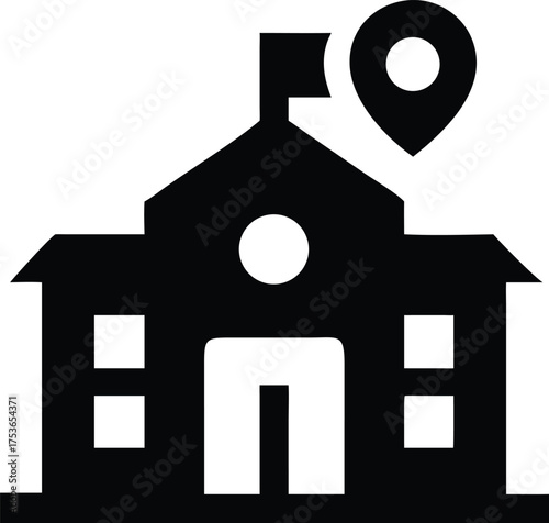 School building silhouette vector icon with location pin – simple, bold, perfect for education maps, apps, and academic navigation designs