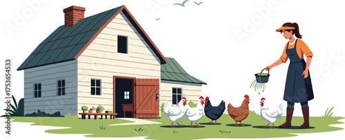 Vector art of farmer feeding chickens in front of a rustic barn on a sunny day