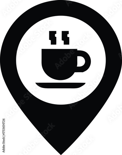 Cafe location pin silhouette vector icon on white background – perfect for coffee shop maps, delivery apps, travel guides, and food business designs