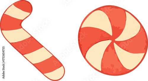 Christmas candy set illustration with red and white sweets on transparent background. Perfect for holiday cards, packaging, stickers and festive design.