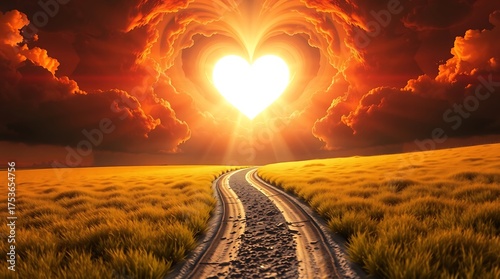 Heart shaped sun shines brightly over a winding path through a golden field