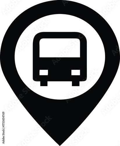 Bus station location pin silhouette vector icon on white background – ideal for transport maps, travel apps, navigation, and public transit designs