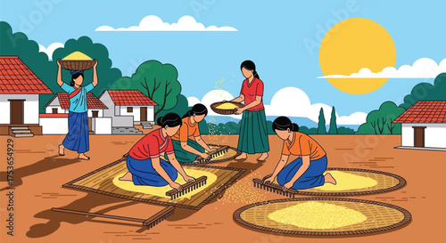 Vector art of rural women processing grain under the sun in a village