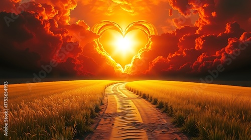 Golden heart shaped sun rises over a winding dirt path through a wheat field