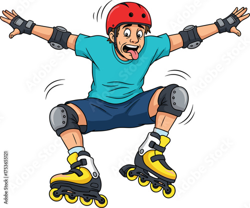 Cartoon boy wearing helmet and pads rollerblading with surprised expression, funny skating illustration, extreme sport activity concept, vector character design, outdoor fun artwork