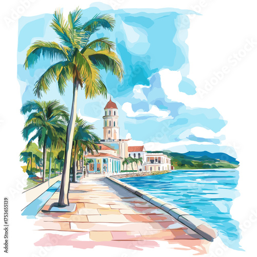 Cienfuegos Bay. Cienfuegos Bay hand drawn watercolor illustration