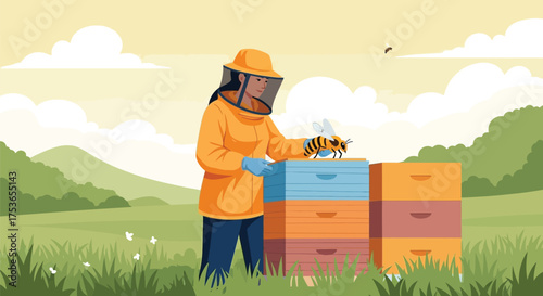 Vector art of beekeeper tending to beehives in a field