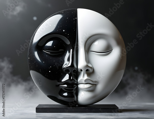 Yin Yang sculpture representing balance and harmony with a cosmic theme
