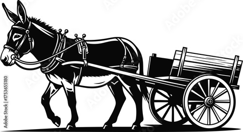 Black and white donkey pulling wooden cart wagon animal