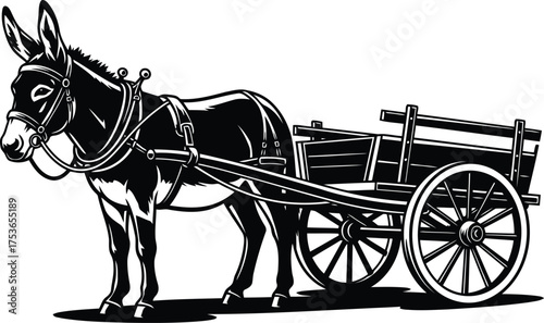 Black and white donkey pulling wooden cart illustration