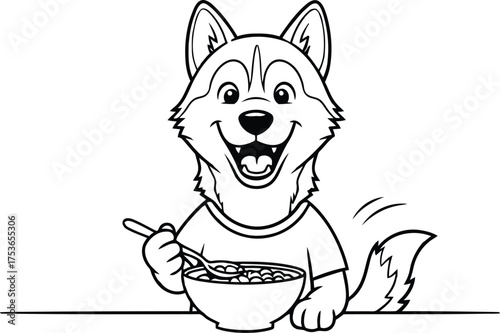 Cartoon husky dog eating cereal with spoon breakfast