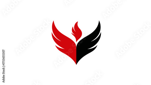 Modern abstract red and black stylized wings and flame icon. Dynamic graphic design symbol representing energy, passion, power, and duality on white.