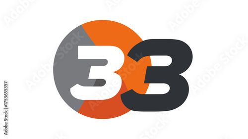 Stylized number thirty-three icon in a modern circular design with overlapping white, orange, and gray shapes. Digital graphic concept.