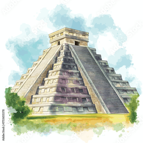 Chichen Itza. Chichen Itza hand drawn watercolor illustration
