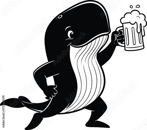 Black whale character holding a frothy beer mug white