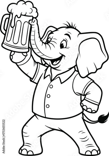Cartoon elephant holding a frothy beer mug drink
