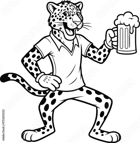 Cartoon leopard holding a beer mug animal mascot
