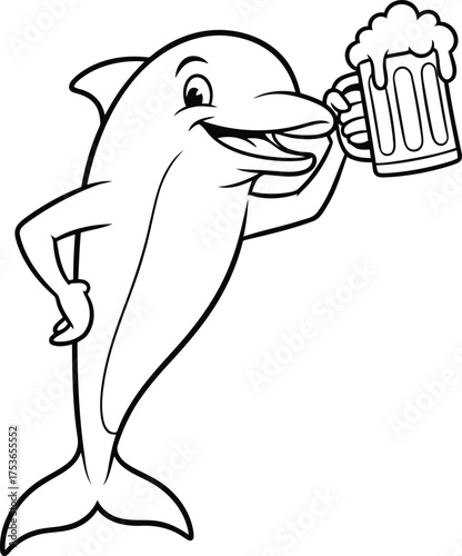 Cartoon dolphin holding a beer mug with foam animal