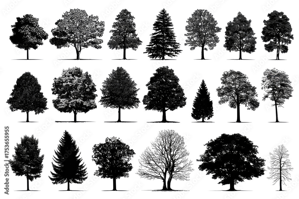 Fototapeta premium Grey-scale tree silhouettes, various shapes and sizes