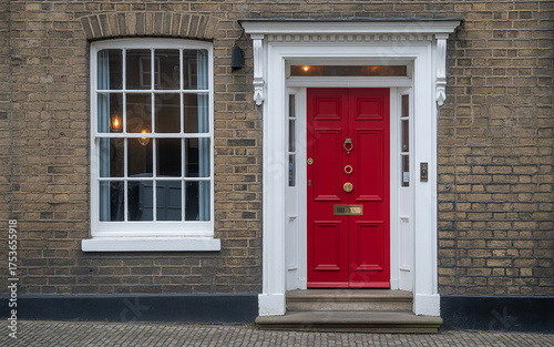 Classic red front door and bay window on brick building