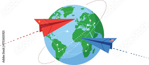 Vector art of paper airplanes from china and usa fly around the earth