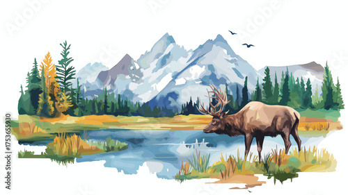 Yellowstone National Park. Yellowstone National Park hand drawn watercolor illustration