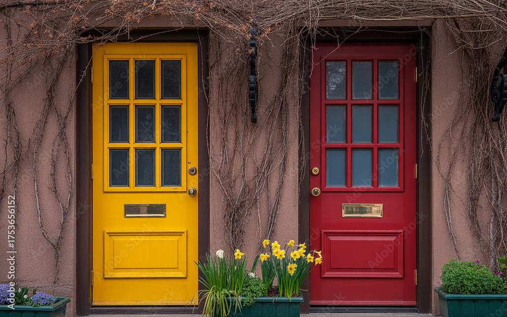 Naklejka premium Two colorful doors yellow and red side by side on a rustic building