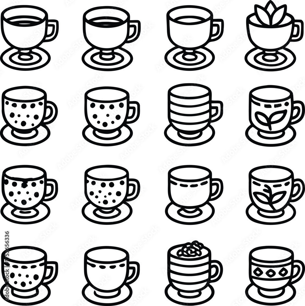 Obraz premium A colorful doodle illustration of a set of coffee and tea cups with a sweet cupcake and teapot icon for cafe design